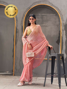 Tikhi Imli - Ready To Wear Two Tone Pink and Gold Colored Poly Chiffon Saree with Unstitched Blouse
