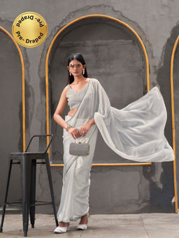 Tikhi Imli - Ready To Wear Grey Colored Chinon Saree with Unstitched Blouse