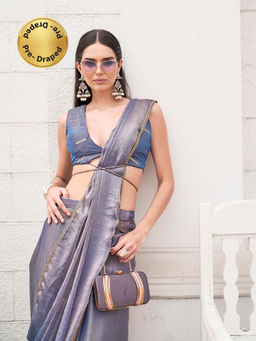 Tikhi Imli - Ready To Wear Two Tone Blue and Copper Colored Chiffon Saree with Unstitched Blouse