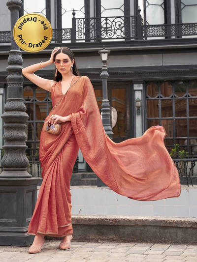Ready To Wear Two Tone Orange and Gold Colored Chiffon Saree with Unstitched Blouse