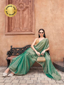 Tikhi Imli - Ready To Wear Two Tone Green and Gold Colored Chiffon Saree with Unstitched Blouse