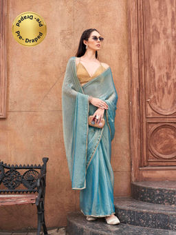 Tikhi Imli - Ready To Wear Two Tone Blue and Gold Colored Chiffon Saree with Unstitched Blouse