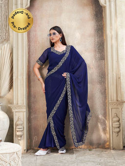 Tikhi Imli - Ready To Wear Navy Blue Colored Poly Georgette Gown Saree Without Blouse