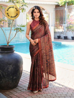 Tikhi Imli - Magenta Printed Pre-Draped Saree with Unstitched Blouse