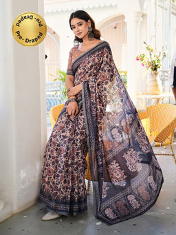 Tikhi Imli - Beige Printed Pre-Draped Saree with Unstitched Blouse