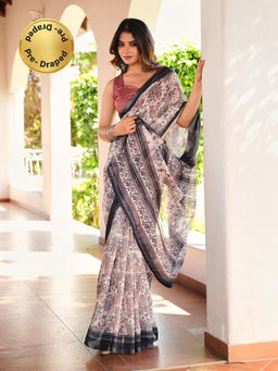 Tikhi Imli - Beige Printed Pre-Draped Saree with Unstitched Blouse