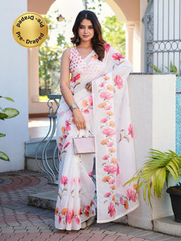 Tikhi Imli - White Floral Pre-Draped Saree with Unstitched Blouse