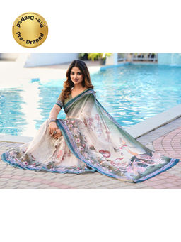 Tikhi Imli - Beige Printed Pre-Draped Saree with Unstitched Blouse
