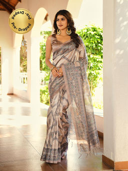 Tikhi Imli - Beige Printed Pre-Draped Saree with Unstitched Blouse