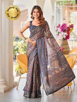 Tikhi Imli - Beige Printed Pre-Draped Saree with Unstitched Blouse