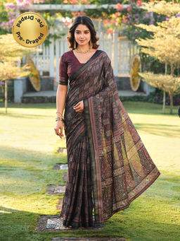 Tikhi Imli - Black Printed Pre-Draped Saree with Unstitched Blouse