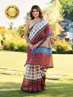 Tikhi Imli - Beige Printed Pre-Draped Saree with Unstitched Blouse
