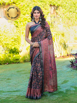 Tikhi Imli - Black Printed Pre-Draped Saree with Unstitched Blouse