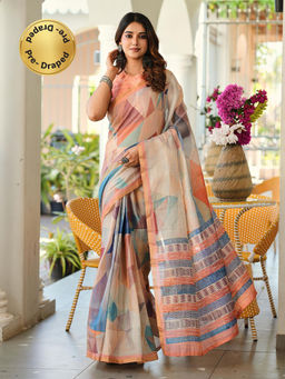 Tikhi Imli - Beige Printed Pre-Draped Saree with Unstitched Blouse