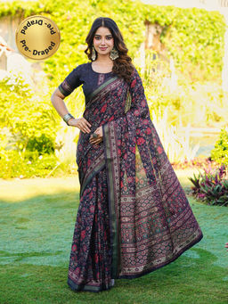 Tikhi Imli - Black Printed Pre-Draped Saree with Unstitched Blouse
