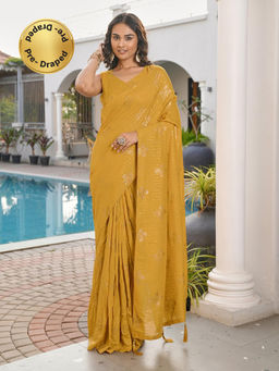 Tikhi Imli - Yellow Colored Foil Embellished Pre-Draped Saree With Unstitched Blouse