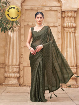 Tikhi Imli - Olive Colored Woven Pre-Draped Saree With Unstitched Blouse