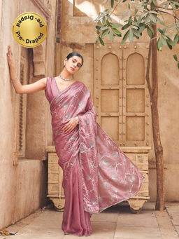 Tikhi Imli - Foil Embellished Pink Pre-Draped Saree With Unstitched Blouse
