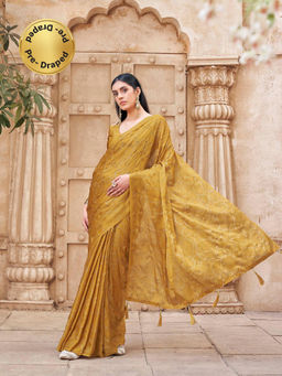 Tikhi Imli - Mustard Colored Satin Pre-Draped Saree With Unstitched Blouse