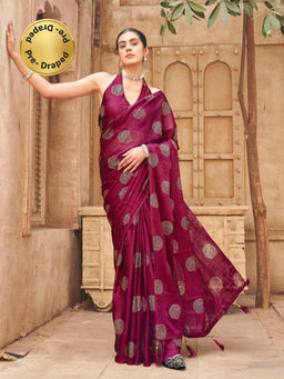 Tikhi Imli - Pink Colored Foil Printed Pre-Draped Saree With Unstitched Blouse