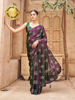 Tikhi Imli - Burgundy Foil Printed Pre-Draped Saree With Unstitched Blouse