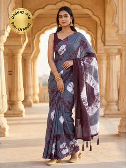 Tikhi Imli - Ready To Wear Brown & Grey Jaipuri Shibori Printed Cotton Saree with Unstitched Blouse