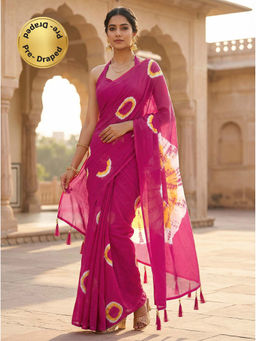 Tikhi Imli - Ready To Wear Pink & Yellow Jaipuri Shibori Printed Cotton Saree with Unstitched Blouse