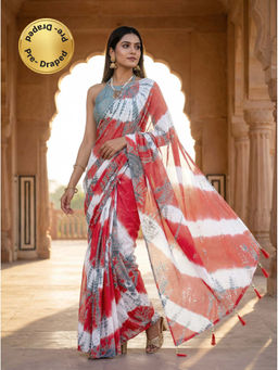 Tikhi Imli - Ready To Wear Red & Grey Jaipuri Shibori Printed Cotton Saree with Unstitched Blouse