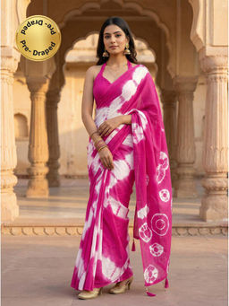 Tikhi Imli - Ready To Wear Pink Jaipuri Shibori Printed Cotton Saree with Unstitched Blouse