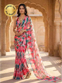 Tikhi Imli - Multi-Color Ready To Wear Green And Red Poly Georgette Saree with Unstitched Blouse
