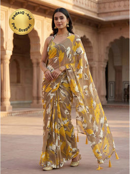 Tikhi Imli - Ready To Wear Brown Poly Georgette Saree with Unstitched Blouse