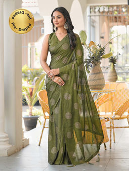Tikhi Imli - Olive Printed Saree with Unstitched Blouse