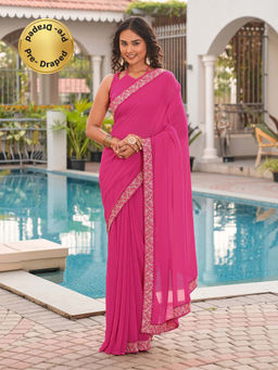 Tikhi Imli - Pink Embroidered Saree with Unstitched Blouse