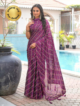 Tikhi Imli - Magenta Printed Saree with Unstitched Blouse