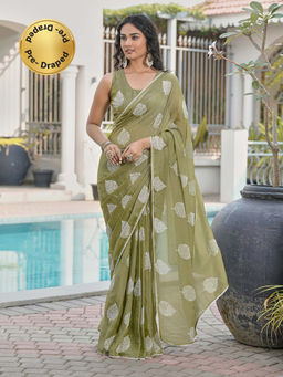 Tikhi Imli - Green Floral Saree with Unstitched Blouse
