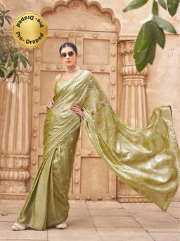 Tikhi Imli - Olive Printed Saree with Unstitched Blouse