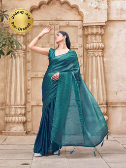 Tikhi Imli - Teal Solid/Plain Saree with Unstitched Blouse