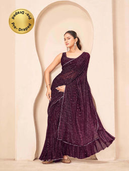 Tikhi Imli - Reay To Wear Burgundy Lycra Embellished Pre-Draped Saree With Unstitched Blouse