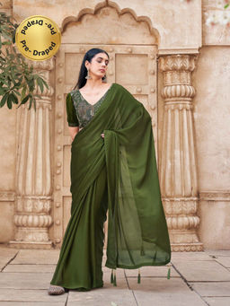 Tikhi Imli - Reay To Wear Green Satin Plain Pre-Draped Saree With Unstitched Blouse