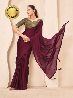Tikhi Imli - Reay To Wear Maroon Chiffon Plain Pre-Draped Saree With Unstitched Blouse