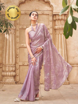 Tikhi Imli - Reay To Wear Mauve Satin Lace Work Pre-Draped Saree With Unstitched Blouse
