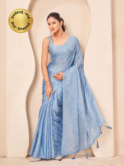 Tikhi Imli - Reay To Wear Blue Satin Tassels Pre-Draped Saree With Unstitched Blouse