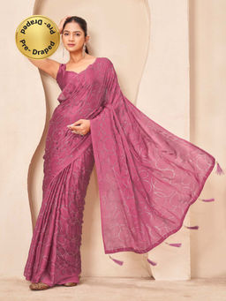 Tikhi Imli - Reay To Wear Pink Satin Tassels Pre-Draped Saree With Unstitched Blouse
