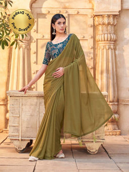 Tikhi Imli - Reay To Wear Green Georgette Tassels Pre-Draped Saree With Unstitched Blouse