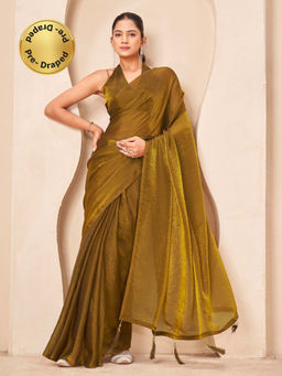 Tikhi Imli - Reay To Wear Gold Satin Tassels Pre-Draped Saree With Unstitched Blouse