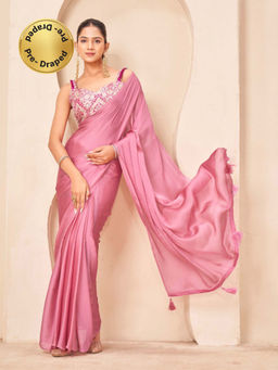 Tikhi Imli - Reay To Wear Pink Chiffon Tassels Pre-Draped Saree With Unstitched Blouse