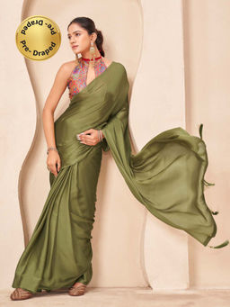 Tikhi Imli - Reay To Wear Green Chiffon Tassels Pre-Draped Saree With Unstitched Blouse