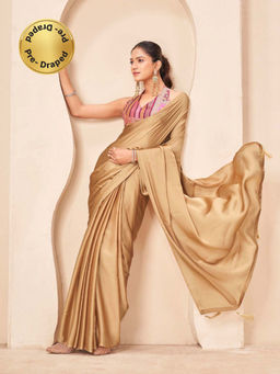 Tikhi Imli - Reay To Wear Beige Chiffon Tassels Pre-Draped Saree With Unstitched Blouse