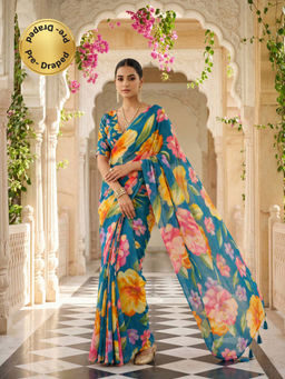 Tikhi Imli - Reay To Wear Blue Georgette Printed Pre-Draped Saree With Unstitched Blouse
