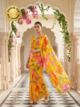 Tikhi Imli - Reay To Wear Yellow Georgette Printed Pre-Draped Saree With Unstitched Blouse